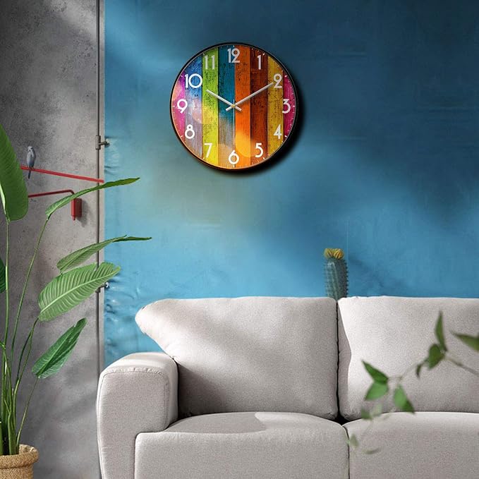 Silent Non-Ticking Analog Wall Clock, Colorful Wood Print, 12'' | Battery Operated, Modern, Metal Frame & HD Tempered Glass, Decorative for Home & Office, Bedroom, Kitchen, Living Room