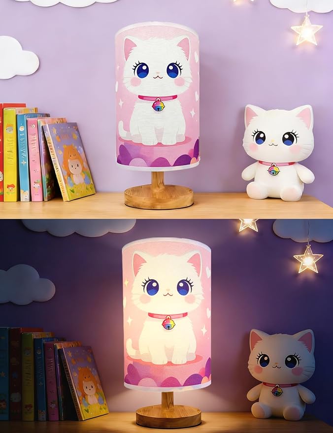 Cat Lamp, Lamps for Girls Bedroom, 3 Colors Nightstand Light Lamp, Round Wood Base Flaxen Fabric Desk Lamp for Kids Room, Cat Table Lampp Gift for Girls (LED Bulb Included) (Kitten)