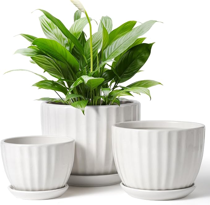 STHIE 4/5/6 Inches White Ceramic Plant Pots with Drainage Holes and Saucer | Set of 3 Round Planter for Small Indoor/Outdoor Plants with Modern Stripes Design, Decorative Flower Pots