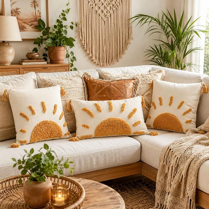 Zealax Decorative Boho Throw Pillow Cover 18x18 Inch for Couch Living Room Outdoor, Sun Tufted Pillow Covers with Tassels Cushion Case, Rustic Modern Farmhouse Home Decor (No Pillow Insert, 1Pc)