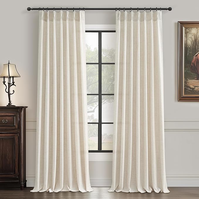 Cream Beige Pleated 92 Inch Boho Curtains for Bedroom 2 Panels Set, Farmhouse Ivory Linen Sheer Nursery Curtain Light Filtering Privacy Pleat Heavy Window Drapes with Hooks Rings 40" W x 92" L Length