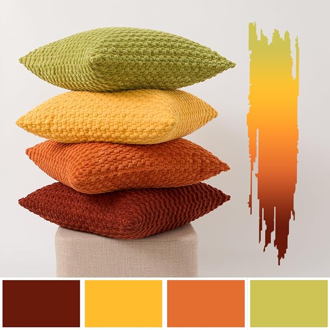 Kevin Textile Spring Throw Pillow Covers Pack of 4 Super Soft Boho Corduroy Decor Pillow Cases Mix and Match Colors Plush Texture Accent Pillows for Sofa Couch Living Room 20x20 Inch, Yellow/Green