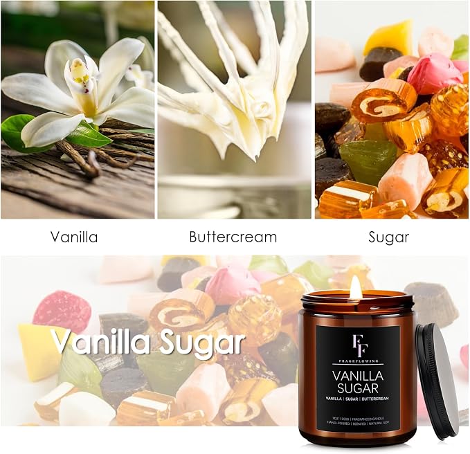 FF FRAGRFLOWING Vanilla Sugar Scented Candle for Home, Soy Wax, 7 oz | Aromatherapy Candle; Warm fragrance; 50-Hour Burn; For bedrooms, living rooms, birthdays and everyday use; Gift for Women Men