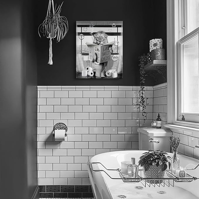 Funny Lion Wall Art Black and White Bathroom Print Farmhouse Bathroom Animals Wall Decor Lion Sitting in Toilet Reading Newspaper Painting Framed Artwork for Toilet 16x20 inch