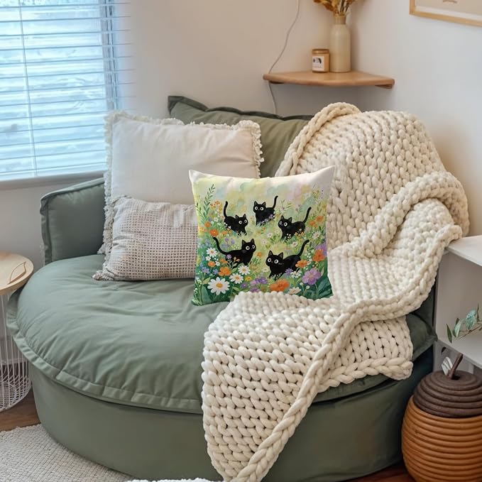Watercolor Floral Black Cat Pillow Covers 18x18, Cat Room Decor, Moody Cute Black Kitten Wildflower Botanical Decorative Throw Pillow Covers Pillowcases for Bedroom Living Room Home Decor
