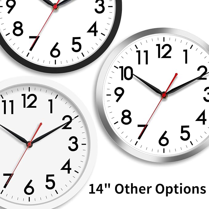 AKCISOT 14 Inch Wall Clock, Silent Battery Operated Analog Clock, Silver | Classroom | Office | Kitchen | Living Room | Garage | Shop | Large Size | Easy-to-read numbers