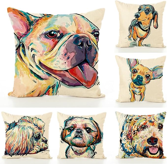 Cute Pet Border Collie Dog Pattern Linen Throw Pillow Covers Car Sofa Cushion Cases Home Decor Square 18"X18" Inch