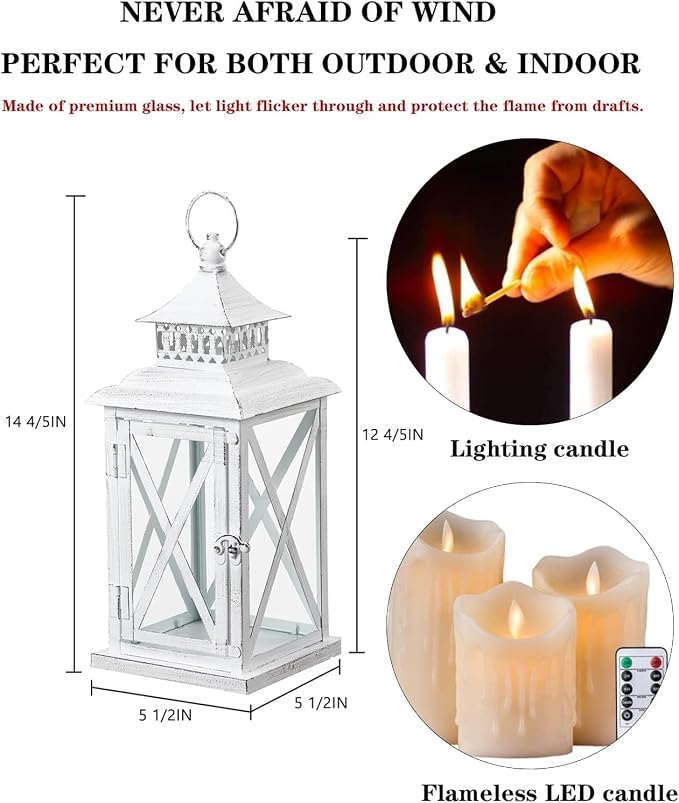 Lantern Decorative Indoor & Outdoor, Large Square Hanging Spring Home Decor, Vintage Metal Decorative Candle Lanterns for Outdoor Patio Wedding Party White with Black Brush