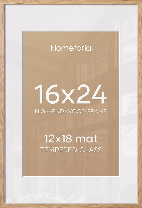 Homeforia 16x24 Natural Oak Picture Frame, High-End Wood, 12x18 Mat, Glass