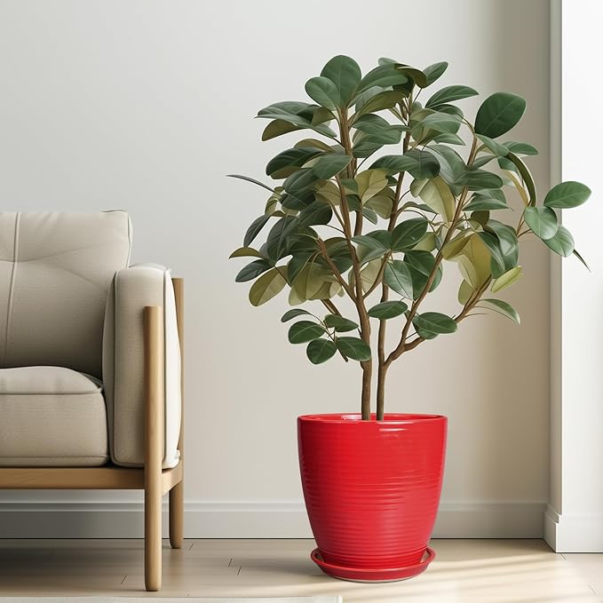 Ceramic Planter 10 Inch - Ceramic Pot for Plants Large Plant Pot Indoor with Drainage Hole and Saucer Round Outdoor Planter Modern Flower Pot for Garden House Red