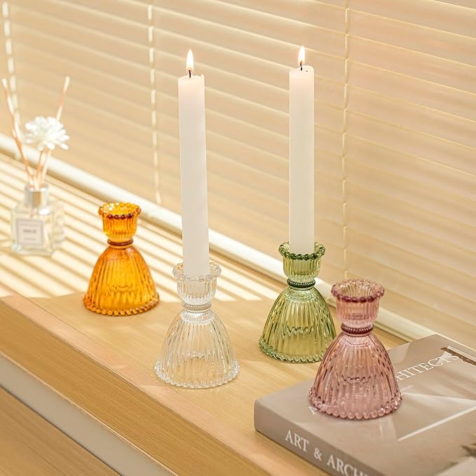 Candle Stick Candle Holders, 2024 Mixed 4pcs Candle Holder for Taper Candles, Carols of The Seasons 4colors Glass Candle Holders for Table Centerpiece and Shelves