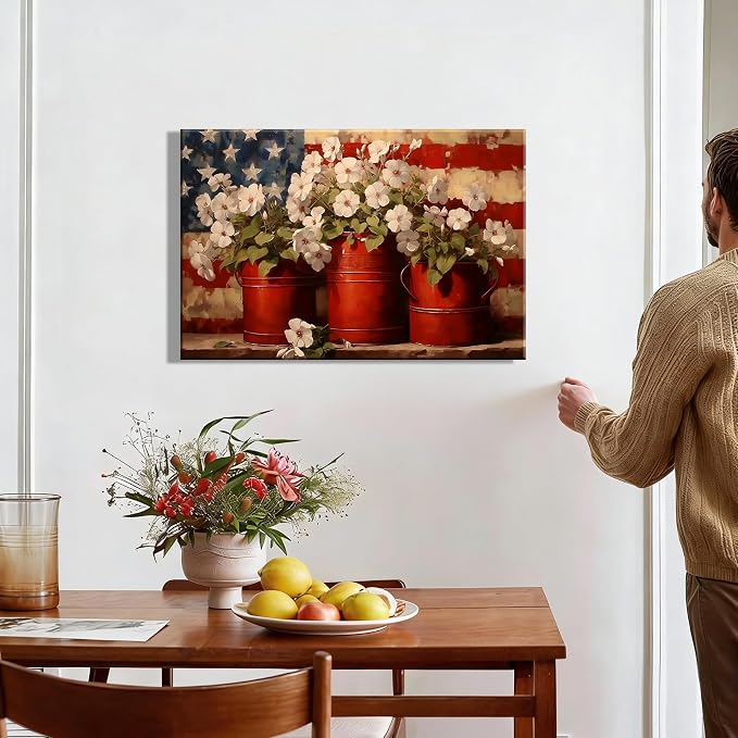 Rustic 4th of July Patriotic Flower Pots Canvas Wall Art – Large Framed US Flag Poster Painting, Independence Day Wall Decor for Living Room Bedroom or Holiday Celebrations