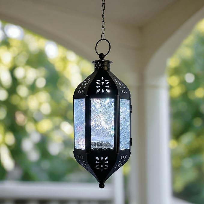 Vela Lanterns Hanging Moroccan Lantern with LED Twinkle Fairy Lights - Exotic Decorative Patio & Porch Decor, Indoor Outdoor Candle Lamp Holder with Chain (13" Large, Clear Glass)