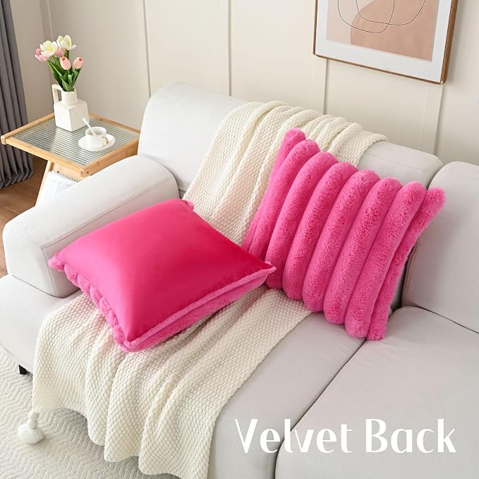 HAUSSY Pack of 2 Pillow Covers 24x24 Inch, Faux Fur Decorative Couch Throw Pillows Soft Striped Plush Cushion Covers Home Decor Cute Furry Pillowcase for Living Room Sofa Bed, Hot Pink (Covers Only)