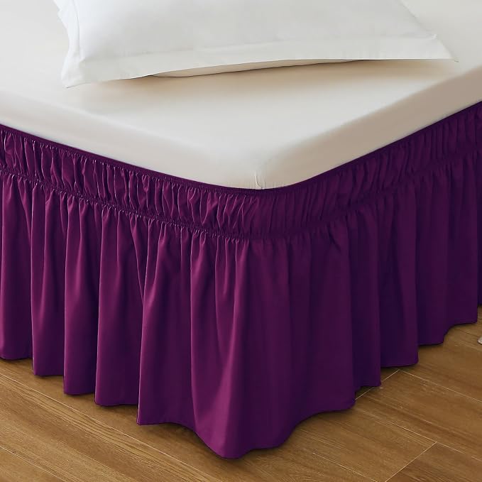 MEILA Wrap Around Elastic Bed Skirt for Queen & King Beds, 14" Drop,Purple | Three-Side Adjustable Elastic Dust Ruffle, Ruffled Polyester Fabric, Easy to Install, Fade Resistant & Machine Washable