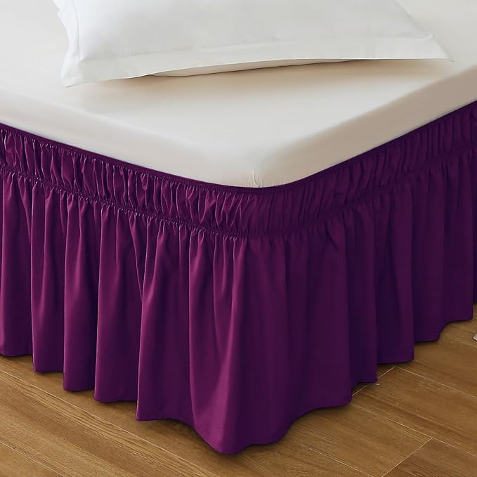 MEILA Wrap Around Elastic Bed Skirt for Twin & Full Beds, 14" Drop, Purple | Three-Side Adjustable Elastic Dust Ruffle, Ruffled Polyester Fabric, Easy to Install, Fade Resistant & Machine Washable