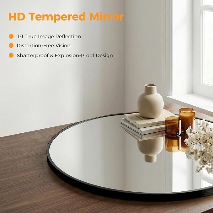 DUMOS 28 Inch Round Wall Mirror, Bathroom Mirror, Black | Metal Frame, HD Reflection Shatterproof Glass Vanity, Decor for Bathroom Vanity Bedroom Entryway