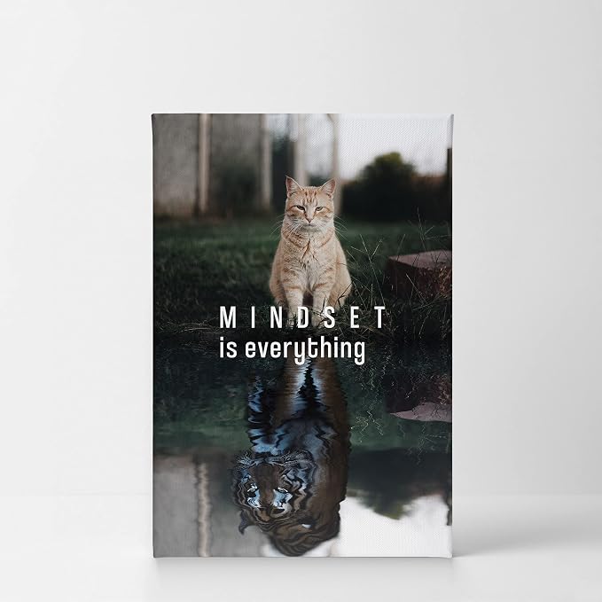 Smile Art Design Mindset is Everyting Brown Cat and Tiger Reflection Motivational Wall Art Canvas Print Inspirational Entrepreneur Quote Office Living Room Decor Gift Ready to Hang 12x8