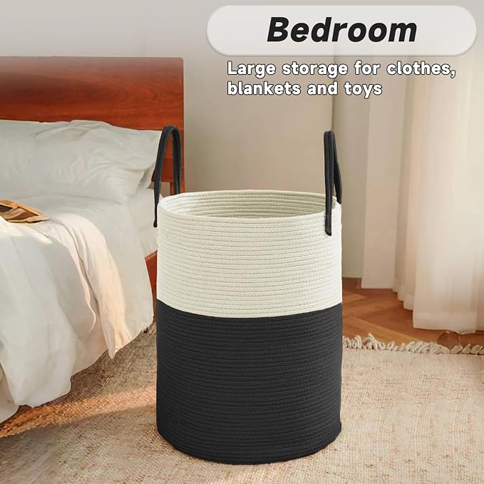 JMvicyroam 60L Cotton Rope Laundry Basket Hamper, White and Black | Collapsible laundry basket, reinforced handles, freestanding, machine washable, holds 3-5 thick blankets, clothes or toys