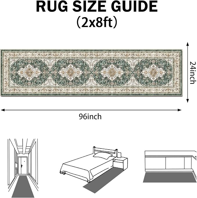 AooHHooA Boho Washable 2x8 Runner Rugs Green Non Slip Low Pile Vintage Runner Rug, Stain Resistant Soft Faux Wool Runners for Hallway Laundry Entryway Bedroom