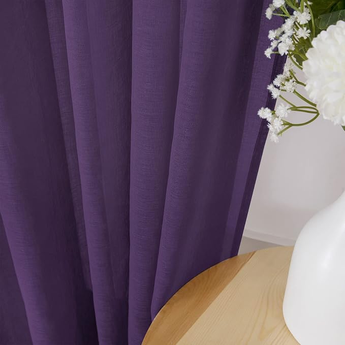 Tollpiz Sheer Curtains Linen Textured Bedroom Curtain Sheers Light Filtering Rod Pocket Voile Curtains for Living Room, 54 x 63 inches Long, Royal Purple, Set of 2 Panels
