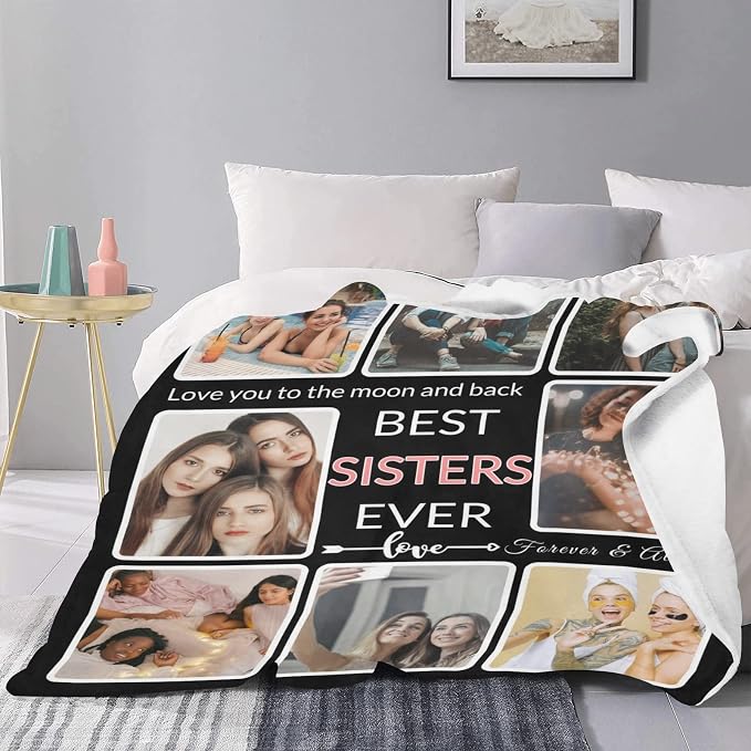 Custom Blanket Gifts for Sister with Photo, Make a Personalized Sisters Blankets with Picture, Customized Memories Souvenir Throws for Best Sisters Ever, 8 Collage Made in USA