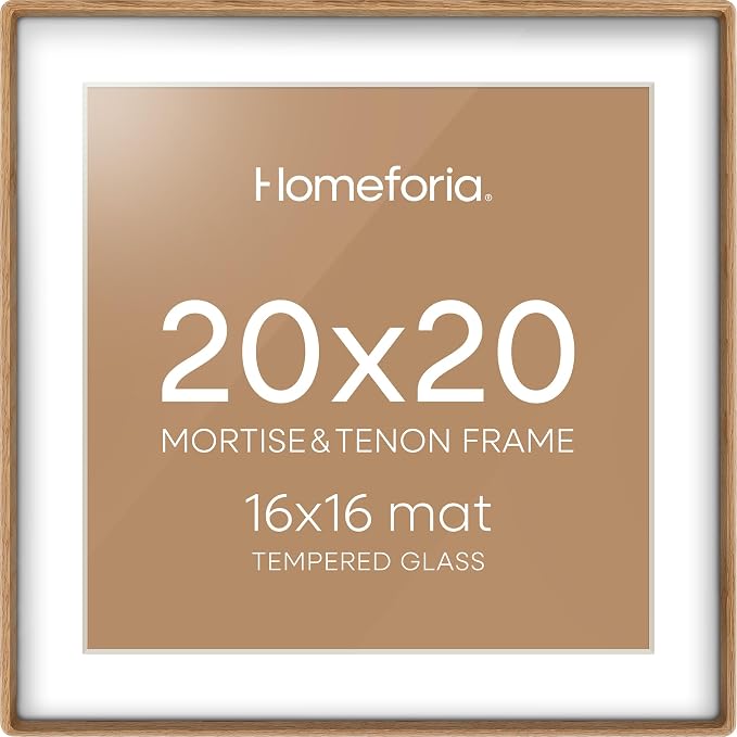 Homeforia 20x20 Mortise&Tenon Natural Oak Picture Frame, 16x16 Mat, Glass