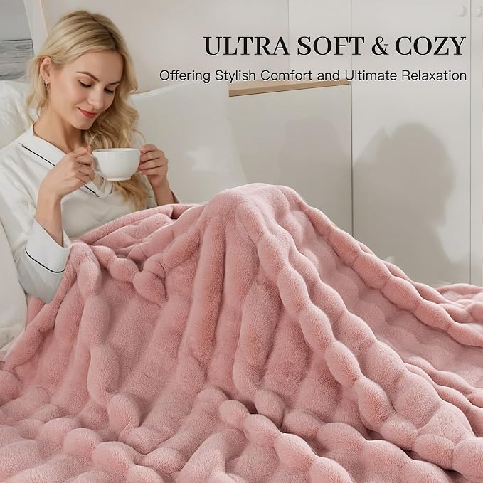 NEXHOME PRO Faux Fur Throw Blanket Pink, Luxury Soft Decorative Cozy Plush Long Shaggy Fluffy Blanket for Sofa Couch Bed Living Room, Reversible Puffy Thick Warm Blanket for Winter, 50"X60"