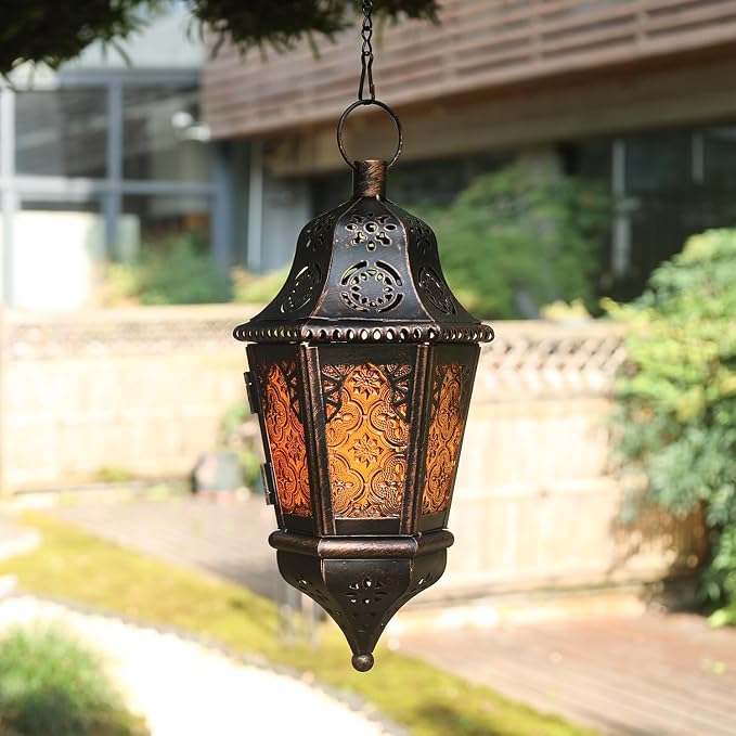 Moroccan Lantern Decorative Indoor & Outdoor, 13.6’’ Vintage Decorative Hanging Lanterns with Chain for Home Porch Patio Decor, Metal Christmas Ramadan Candle Holder Decorations (Amber)