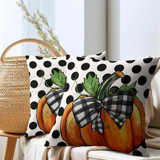 Fall Outdoor Pillows Covers 16x16 Inch Set of 2 Orange Pumpkin Black Polka Dot Decorative Throw Pillowcase Autumn Thanksgiving Seasonal Cushion Case Farmhouse Cotton Linen Pillow Cover for Home Patio