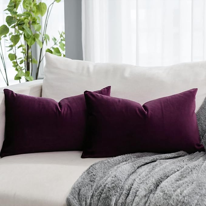 Eggplant Purple Decorative Lumbar Velvet Throw Pillow Covers 12x20 inch Set of 2 with Zipper Luxury Soft Solid Rectangle Cushion Covers Case for Sofa Couch Bed Living Room