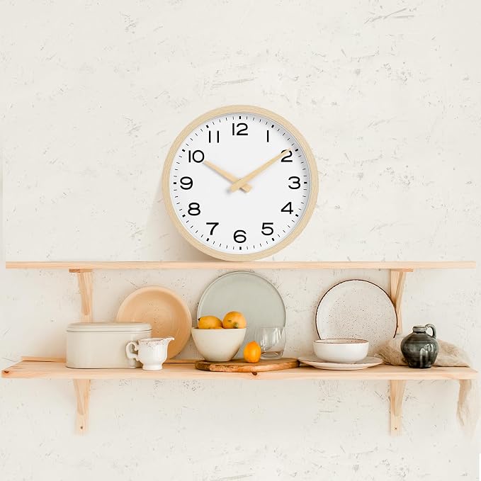 AKCISOT 10 Inch Wall Clock, Silent Battery Operated Analog Clock, Natural | Classroom | Kitchen | Office | Easy to Read Numbers | Garage