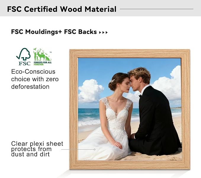 12x12 Picture Frame Natural,10x10 Mat,Tempering Glass,Engineered Wood