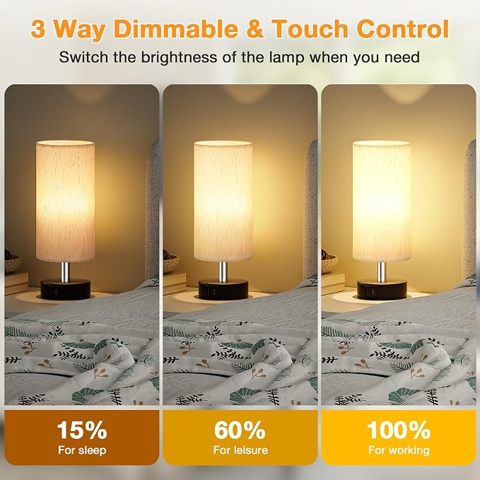 Small Table Lamps for Bedroom set of 2 - Touch Lamps with 3 Way Dimmable