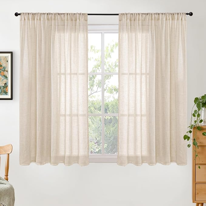 BGment Tan Burlap Linen Sheer Curtains 45 Inch Length for Short Window | Light Filtering Drapes with Rod Pocket for Living Room Bathroom Window Rustic Natural Lightweight, 2 Panels, 42 X 45 Inch