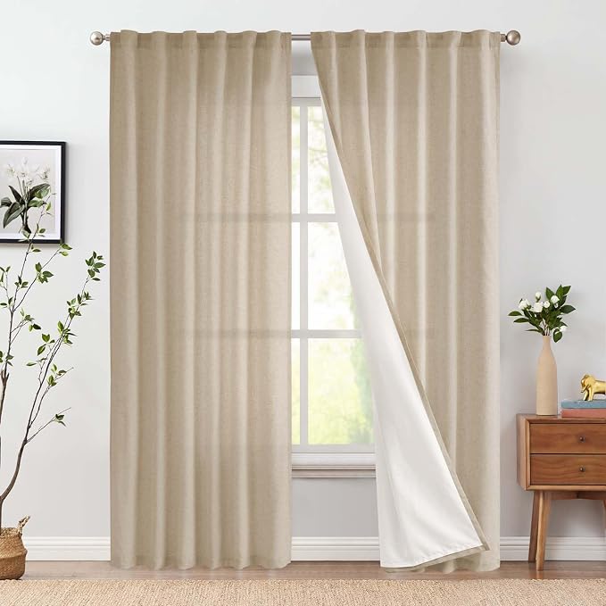 jinchan Lined Linen Curtains Privacy Back Tab 50x108 Inch 2 Panels Taupe | Light Filtering Curtains with Privacy Liner, Cottage Core Farmhouse Curtains for Living Room, Rod Pocket 108 Inch Length