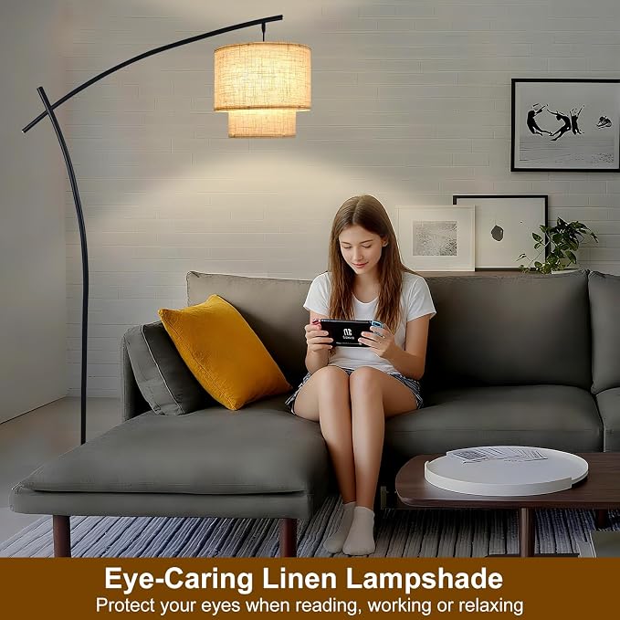 Lightdot Arc Floor Lamp for Living Room, Modern Standing Tall Lamps with Double Linen Shade, Tall Hanging Pole Lamp with Stable Base & Bulb Included for Bedroom/Sofa Beside/Corner Decor-Black