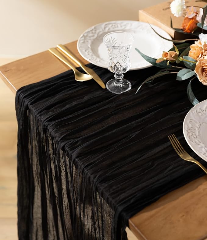 Vitalizart Cheesecloth Table Runner Black 10ft Gauze Boho Rustic | 120 Inches Long Soft Durable Cheese Cloth Table Runner for Wedding Baby Shower Fall Thanskgiving Decoration