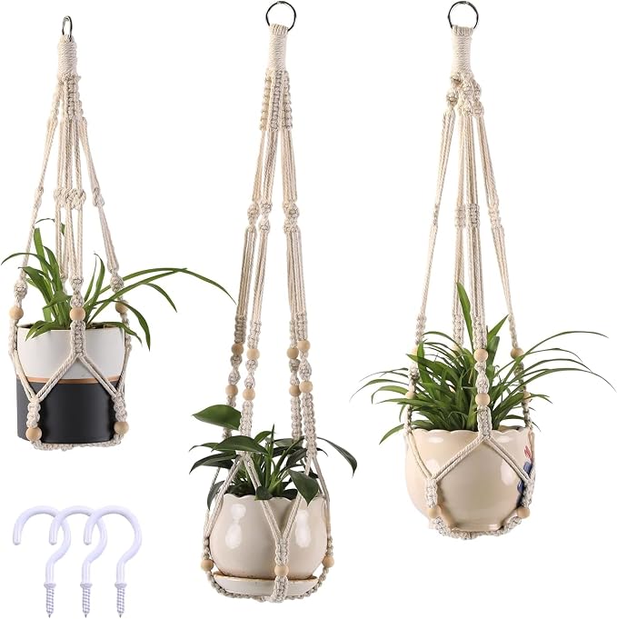 Macrame Plant Hangers with Beads for Indoor and Outdoor, 3 Pack