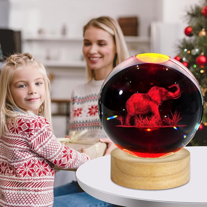 3D Crystal Ball Night Light, 3.15 Inch Glass Ball Lamp with 16 Color LED Wooden Base, Elephant Lamp Decor for Birthday, Holiday, Christmas Gifts