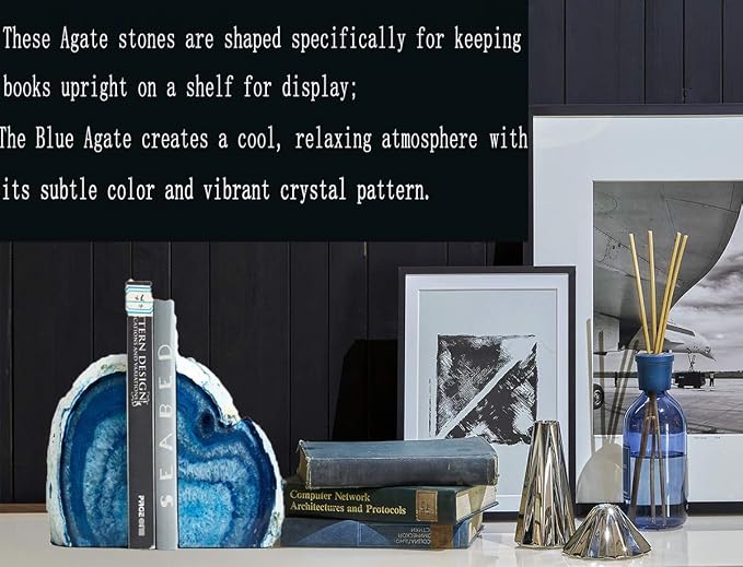 JIC Gem Blue Agate Geode Bookends Heavy Duty Rubber Bumpers 1 Pair 4-6 Lbs | Large Heavy Duty Crystal Book Stoppers Decorative Book Supports Book Holders for Bookshelf Home Office Desktop Crystal Decor
