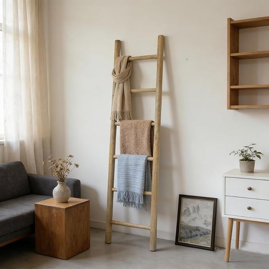 Wooden Blanket Ladder - 76in Natural & Motley Wood - Leaning Wall Decor for Bedroom, Bathroom, Living Room - Rustic Quilt Holder & Towel Rack (Brown, 76in | Pre Assembled)