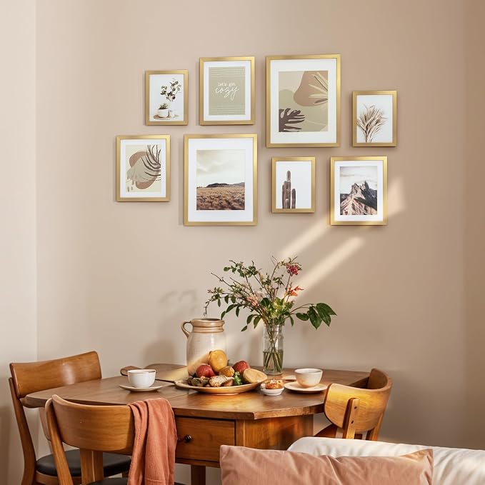 Gallery Wall Frame Set, 8 Pack Neutral Wall Decor, Gold, Large | Elegant Collage Picture Frames Wall Art for Living Room, Entryway, Stairway, Bedroom, Assorted Size