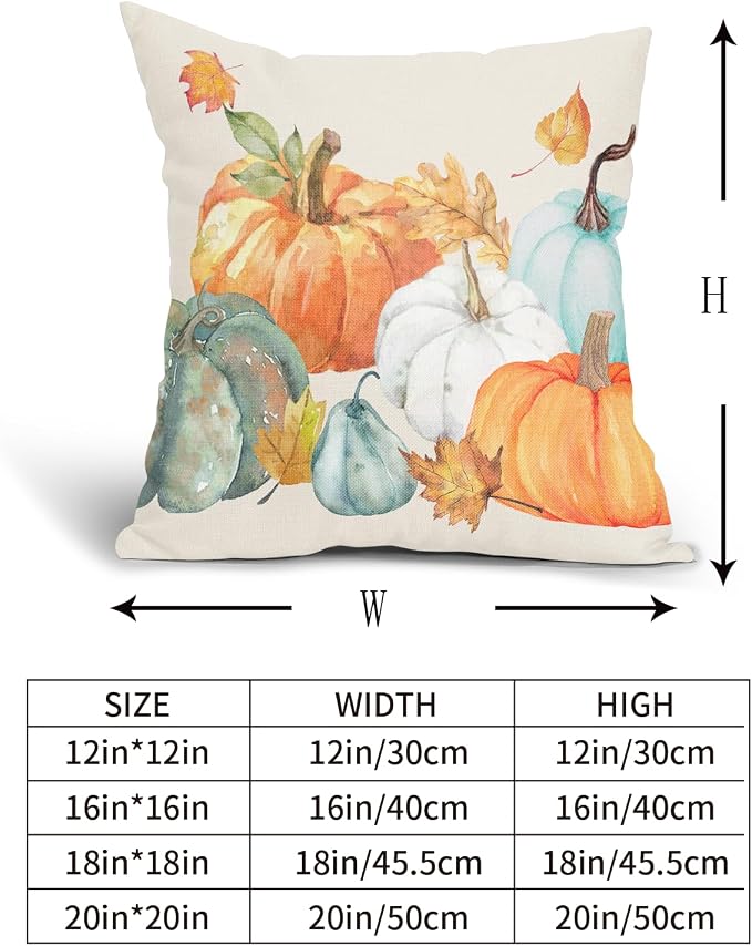 Kawani Fall Pillow Covers 24x24 Set of 2 Watercolor Pumpkin Maple Leaf Throw Pillow Covers Autumn Thanksgiving Farmhouse Outdoor Pillowcases Cotton Linen Cushion Covers for Couch Decor