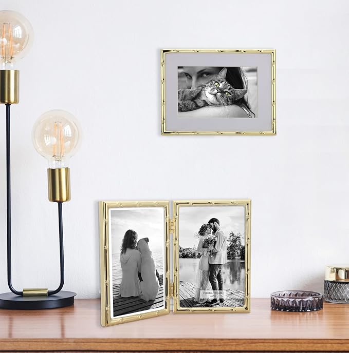 YiPinYin 4x6'' Bamboo Detail Double Photo Frames, Gold Metal Picture 6x4'' Double, Elegant Gold Thin Edge Photo Frames 4 x 6'' With Soft Touch Velvet Backing and Real Glass for Desktop