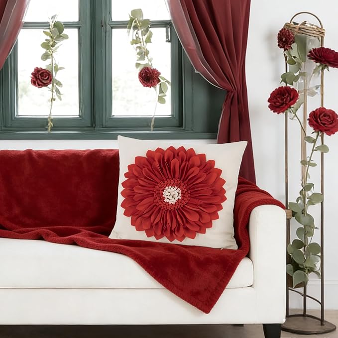 OiseauVoler Decorative Handmade 3D Flower Throw Pillow Covers 18 x 18 Inch | Accent Pillowcases Cushion Covers for Home Sofa Car Bed Room Decor Reddish orange Dog Hair Resistant