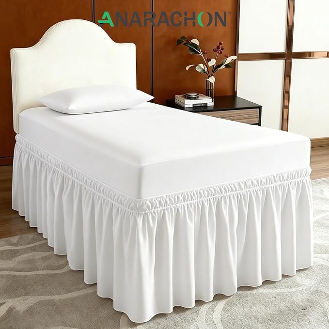 ANARACHON Dorm Bed Skirt Twin XL 30 Inch Drop, 100% Microfiber Extra Long College Dust Ruffle Bedskirt for Adjustable Beds, Elastic Wrap Around Design, White