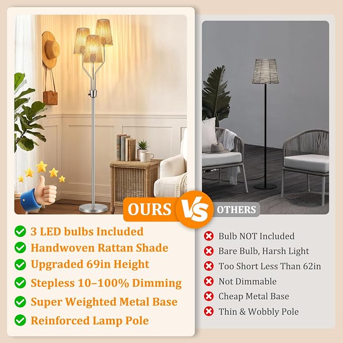Bairth Boho Floor Lamp, Farmhouse Rattan 3-Light Floor Lamp for Living Room