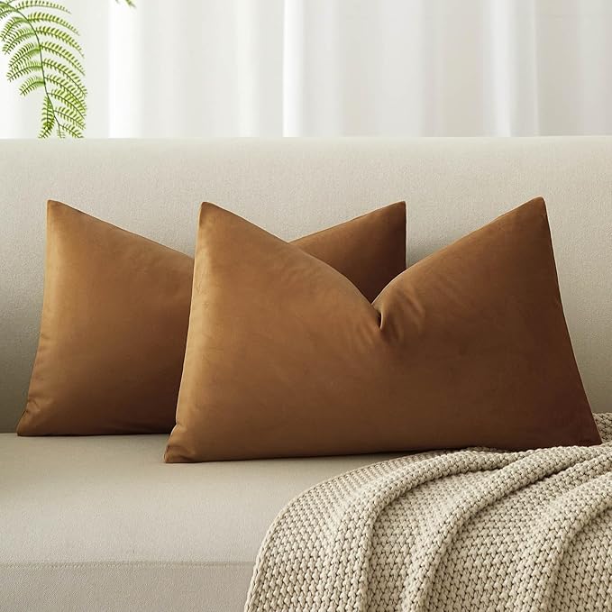 JUSPURBET 12x20 Lumbar Velvet Throw Pillow Covers Set of 2,Light Brown