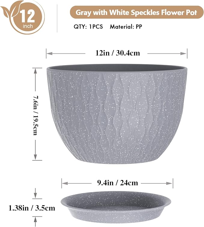 WSMKSZ 12 Inch Wide Water Ripples Flower Pots for Indoor or Outdoor Plants, Large Plant Pots with Drainage Holes & Saucer, Plastic Planters Set for Garden & Home Decor (Grey with White Speckles)